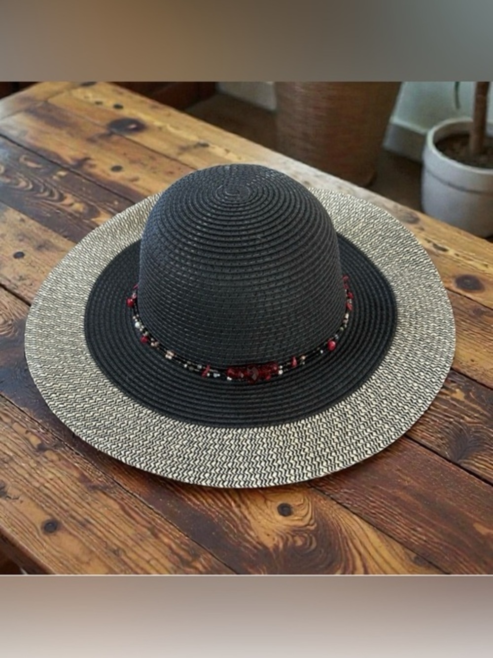 Two-Tone Black and Natural Beaded Sun Hat